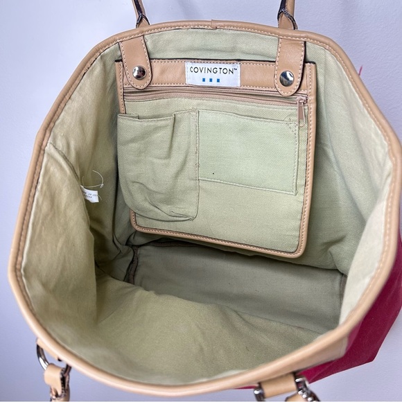 Covington Leather and  Canvas Red Tote with Buckle - Picture 6 of 10